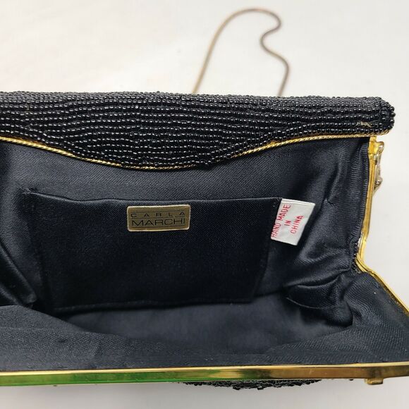 VINTAGE Carla Marchi Black Fully Beaded Clutch Evening Bag Gold Chain Gorgeous - Picture 5 of 8